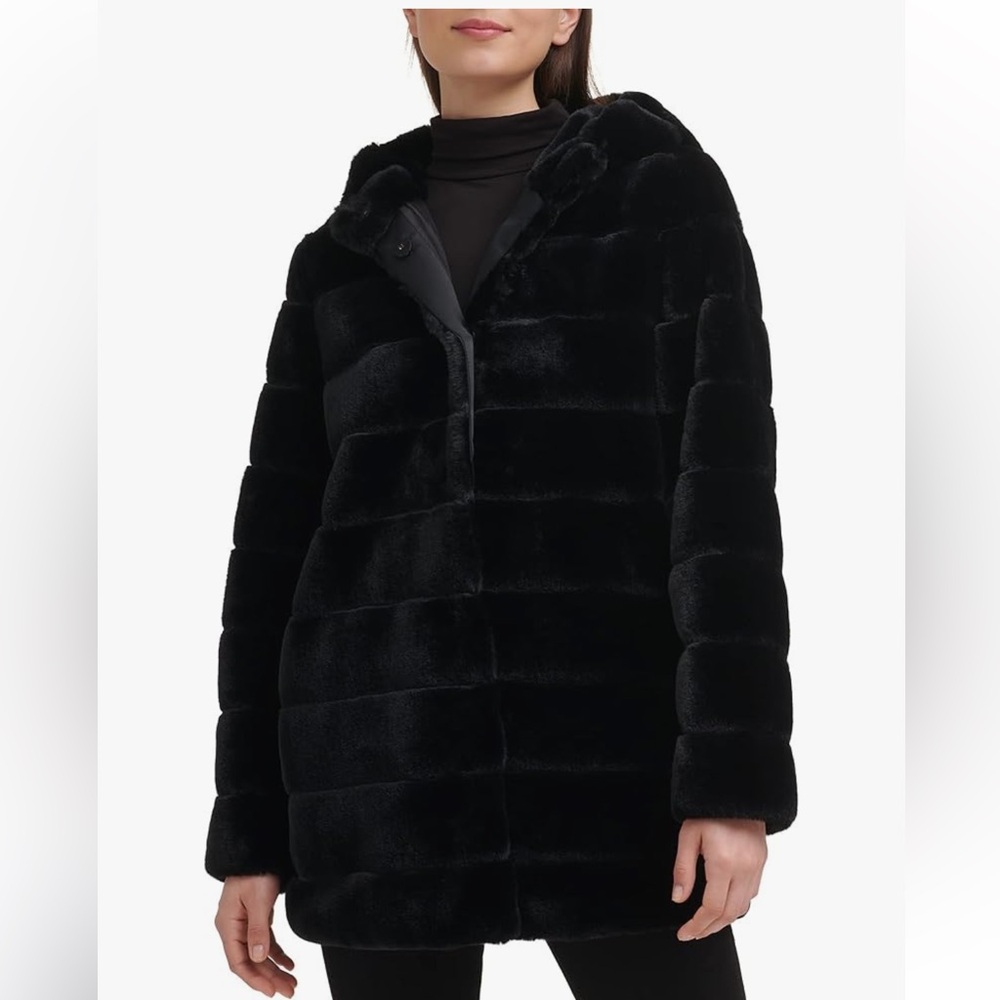 Kenneth Cole Black Faux Fur Hooded Pea Coat